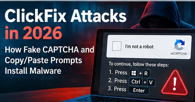 ClickFix attacks in 2026 showing a fake CAPTCHA and copy-paste prompt used to install malware on Windows.