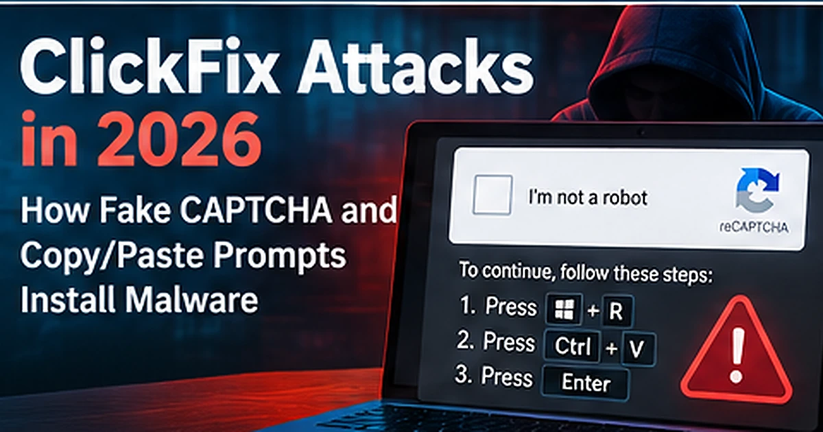 ClickFix attacks in 2026 showing a fake CAPTCHA and copy-paste prompt used to install malware on Windows.
