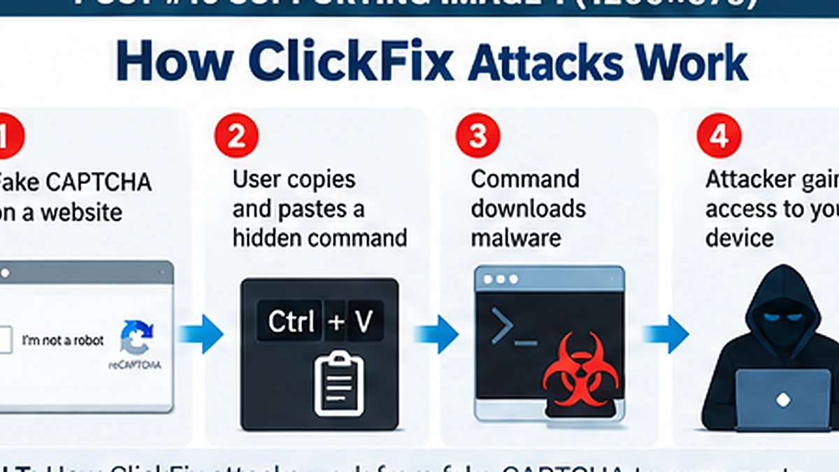 How ClickFix attacks work from fake CAPTCHA to copy-paste command, malware download and attacker access.