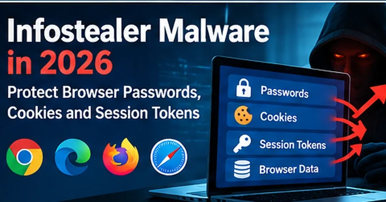 Infostealer malware in 2026 showing stolen browser passwords, cookies and session tokens being taken by an attacker.