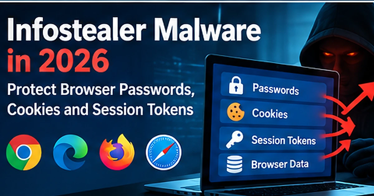 Infostealer malware in 2026 showing stolen browser passwords, cookies and session tokens being taken by an attacker.