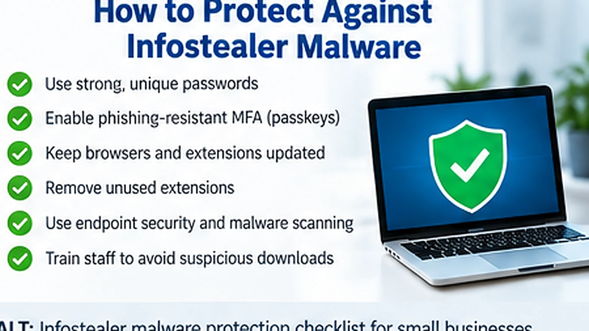 Infostealer malware protection checklist for small businesses including password security, MFA, browser updates and endpoint protection.