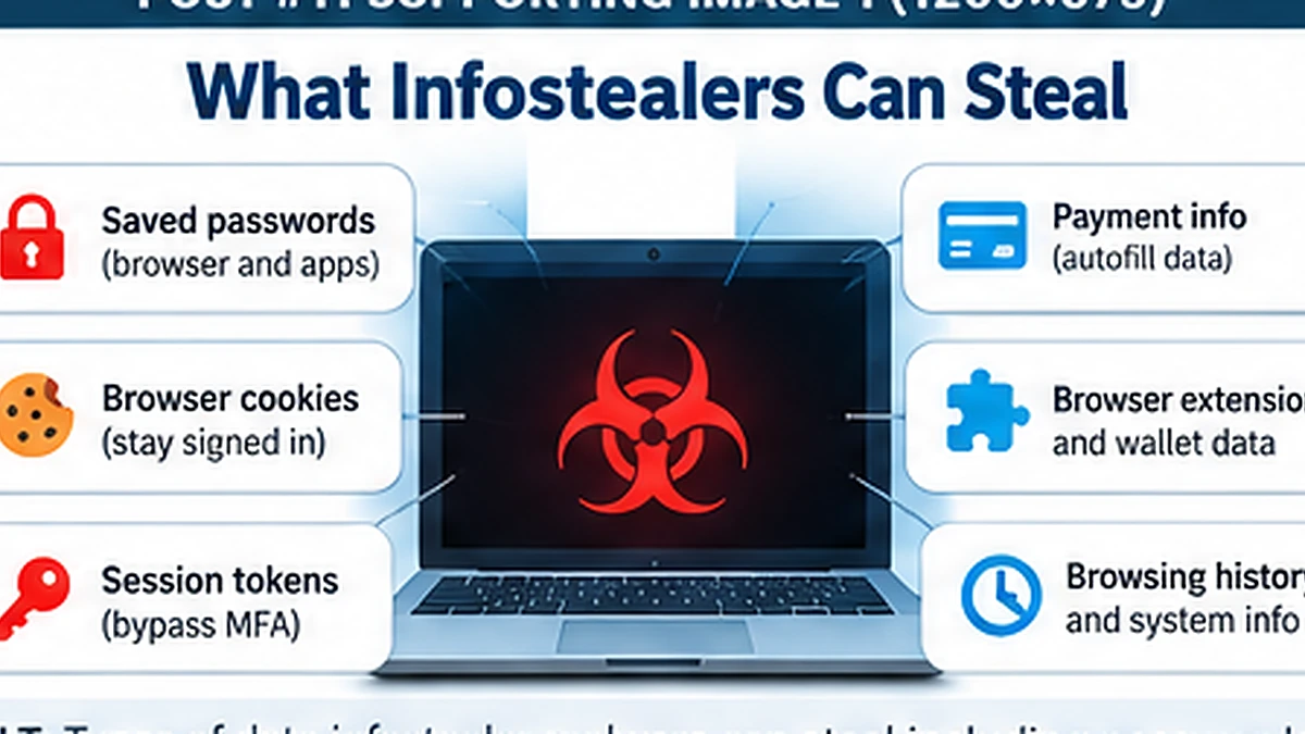 Types of data infostealer malware can steal including passwords, cookies, session tokens, payment information and browser data.