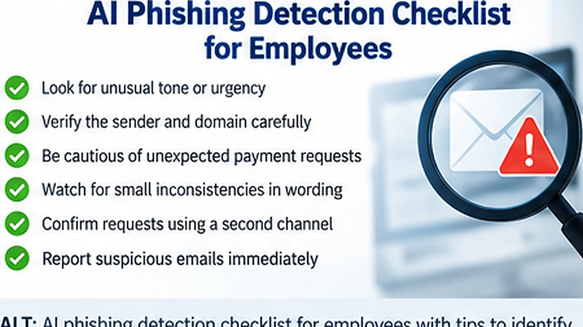 AI phishing detection checklist for employees with tips to identify AI-generated scams and report suspicious emails.