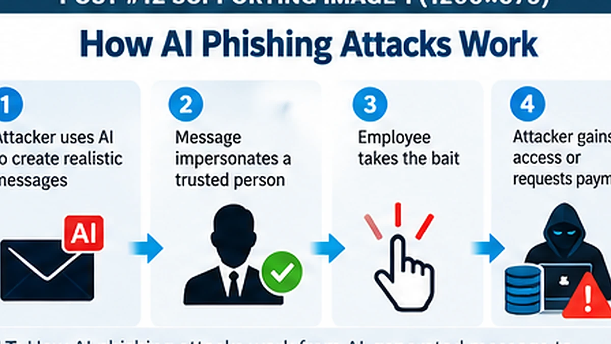 How AI phishing attacks work from an AI-generated message to impersonation, employee action and attacker access or payment fraud.