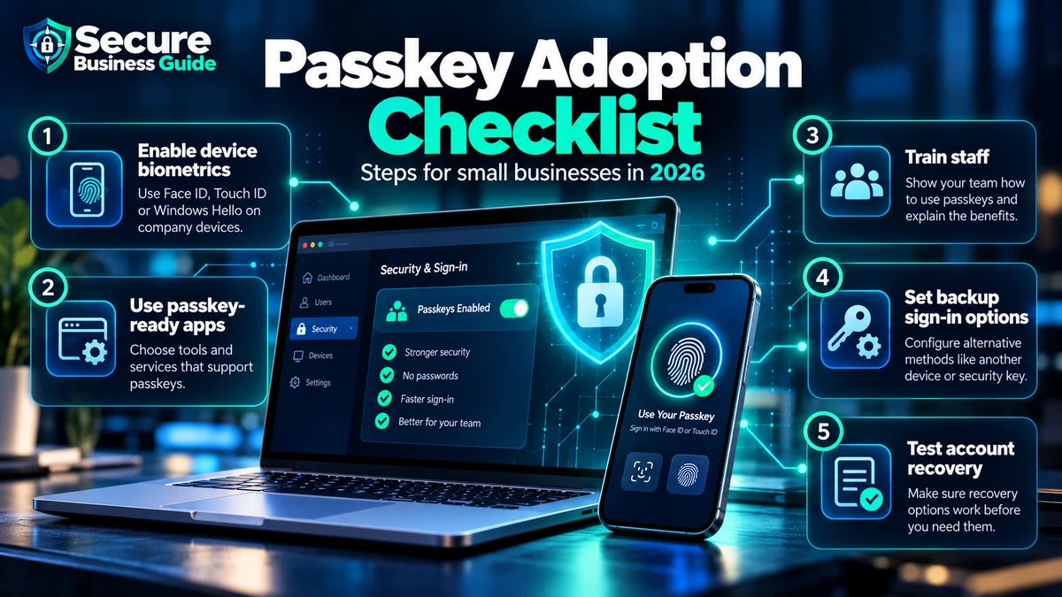 Passkey adoption checklist for small businesses covering biometrics, staff training and account recovery