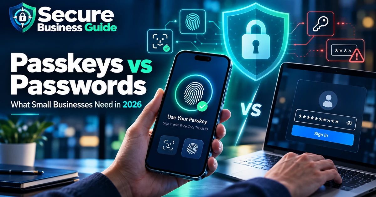 Passkeys vs passwords for small businesses in 2026 with biometric sign-in and password security comparison