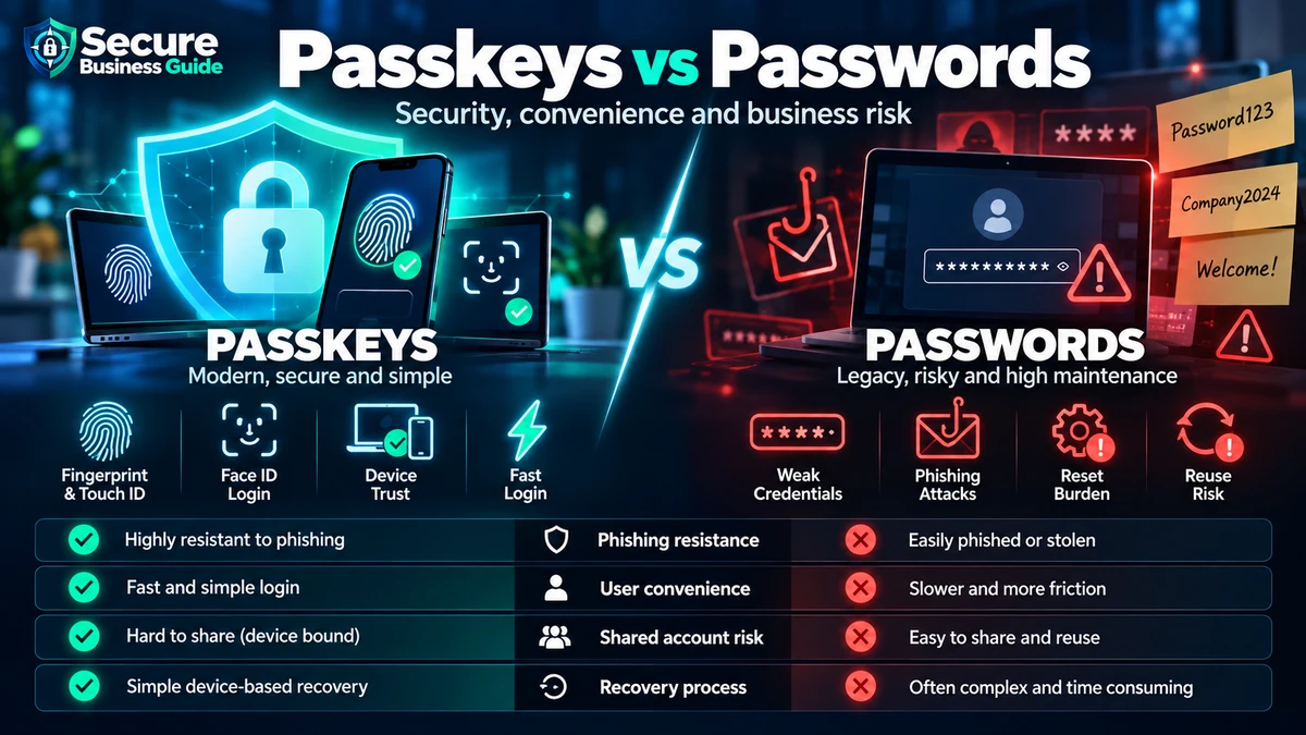 Passkeys vs passwords security comparison showing phishing resistance, convenience and reuse risk