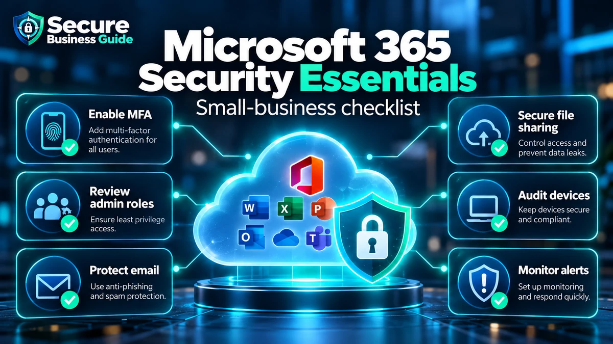 Microsoft 365 security essentials for small businesses including MFA, admin roles, email, file sharing and device audits