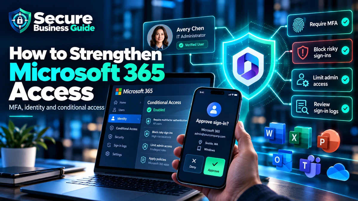 Microsoft 365 access security with MFA, risky sign-in blocking, least privilege and sign-in monitoring