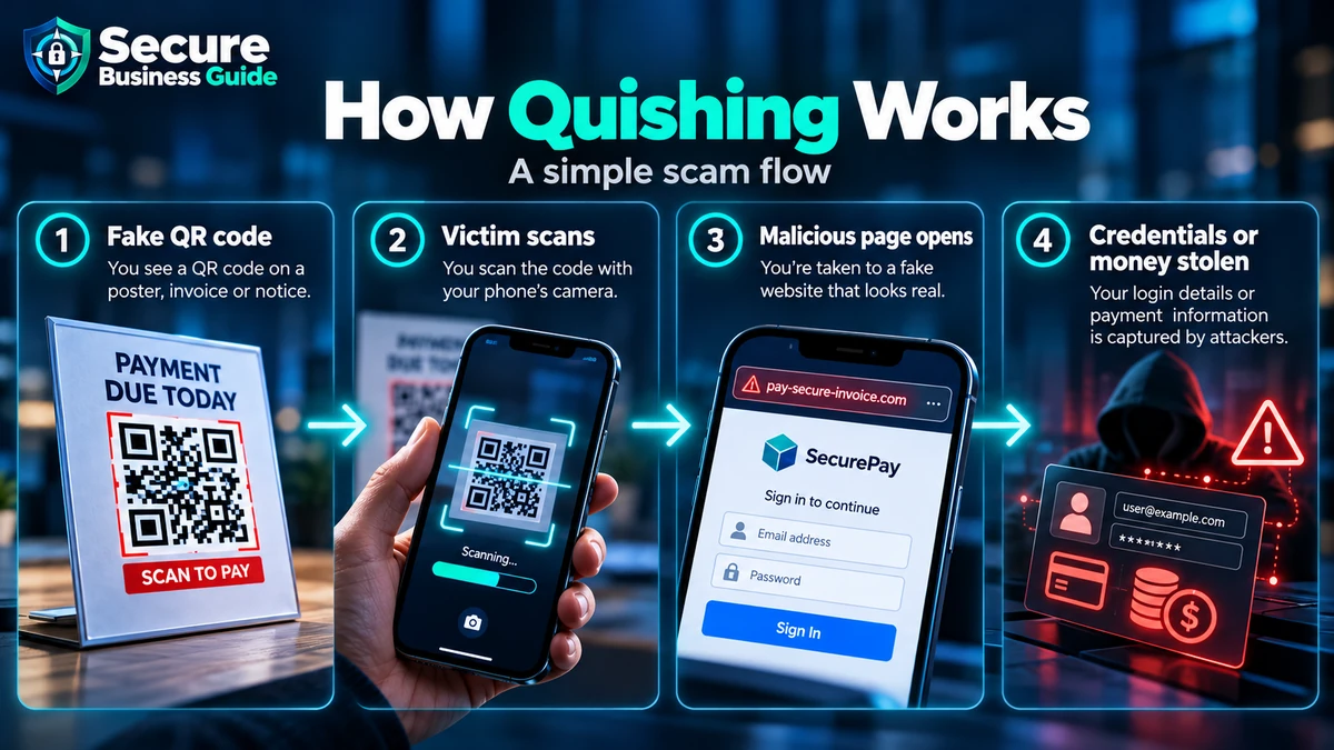 How quishing works from fake QR code to malicious login page and stolen credentials