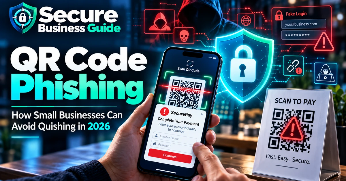 QR code phishing attack warning for small businesses showing a malicious QR code and fake login page