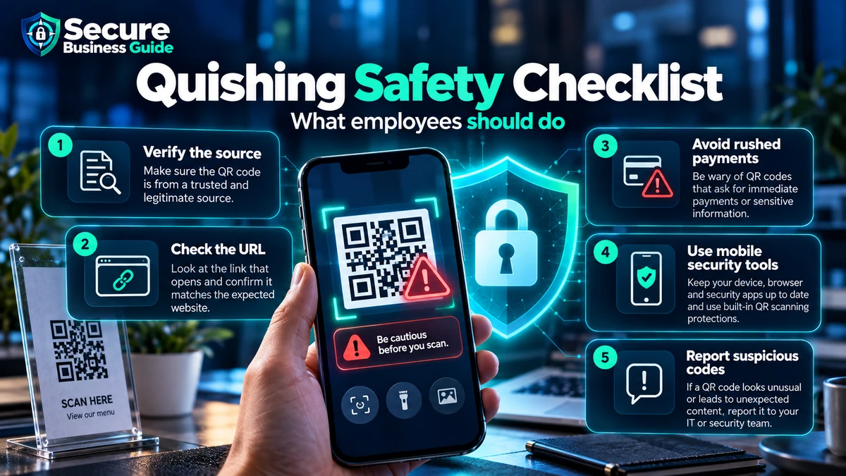 Quishing safety checklist for employees with QR source verification, URL checks and mobile security