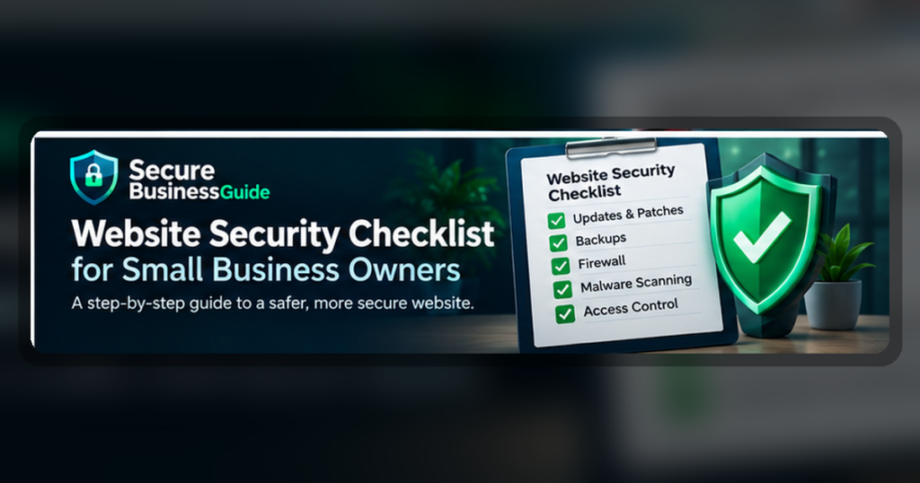 Website security checklist for small business owners covering updates, backups, firewalls, malware scanning, and access control.
