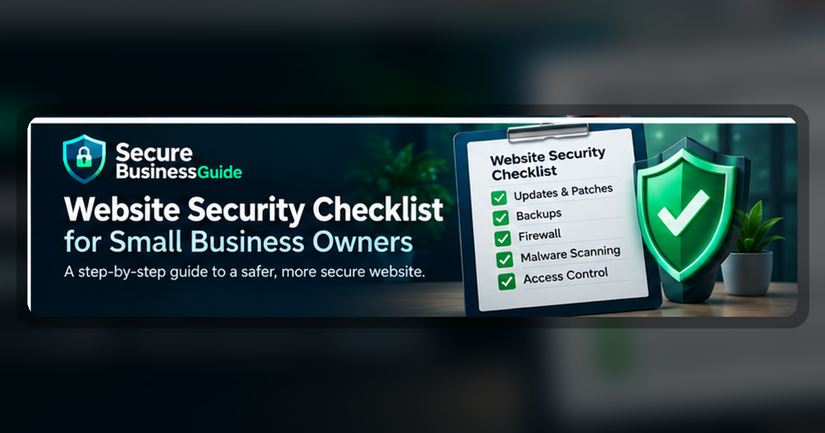 Website security checklist for small business owners covering updates, backups, firewalls, malware scanning, and access control.